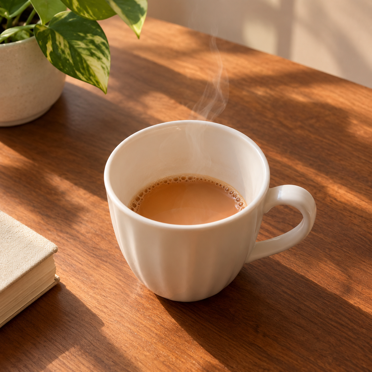 An empty clay kulhad on a saucer in warm evening light